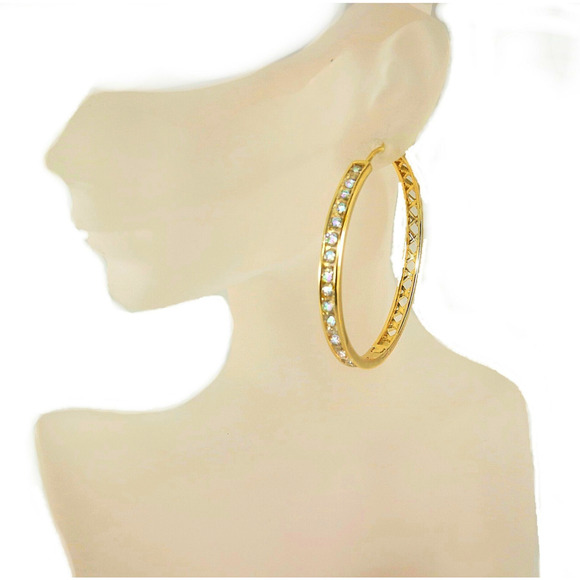 Bling & Glam! 18K Gold Filled Tube Hoop Earrings 1.90" Tall Sparkling Earrings - Picture 3 of 7